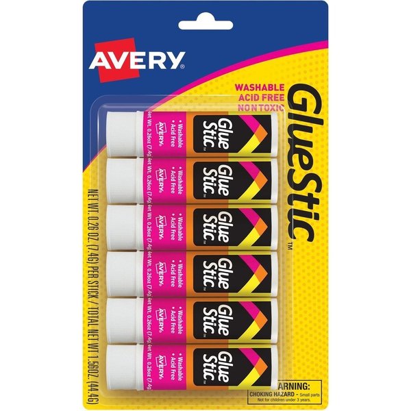 Avery Glue Stic, Permanent, Washable, .26oz., 6/PK, White PK AVE98095